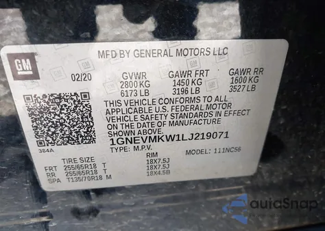 2020 Chevrolet Traverse Awd 2Fl z USA, uszkodzony, nr VIN 1GNEVMKW1LJ219071